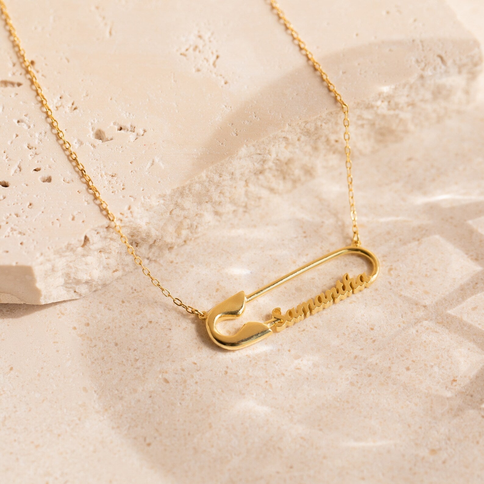 Safety Pin Name Necklace 18K Gold